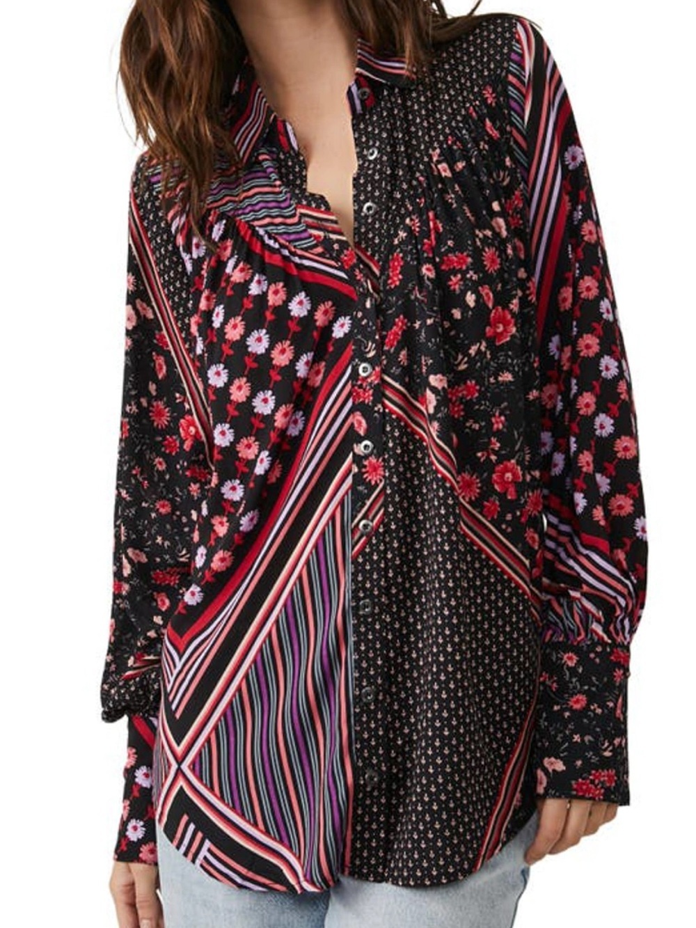 Free People Hazel Patchwork Button Front Shirt Size Small